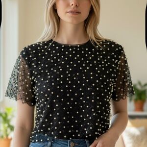 Stylish Black Pearl-Adorned Women's Blouse